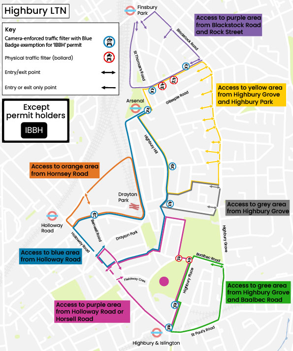 Map showing the Highbury low-traffic neghbourhood area and traffic filters