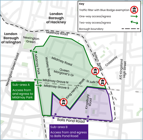 Mildmay Liveable Neighbourhood map showing traffic filters and access routes